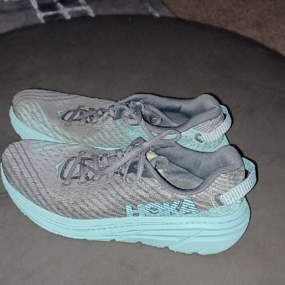 Hoka Gray and Teal Running Shoes. 9.5